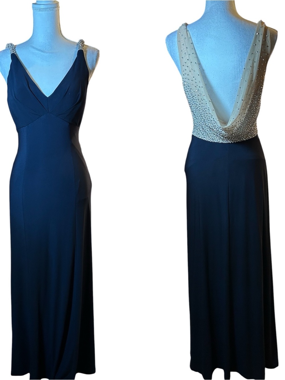 Cache Vintage Navy V-Neck Maxi Dress with Beaded Shoulder Straps Draped Back
